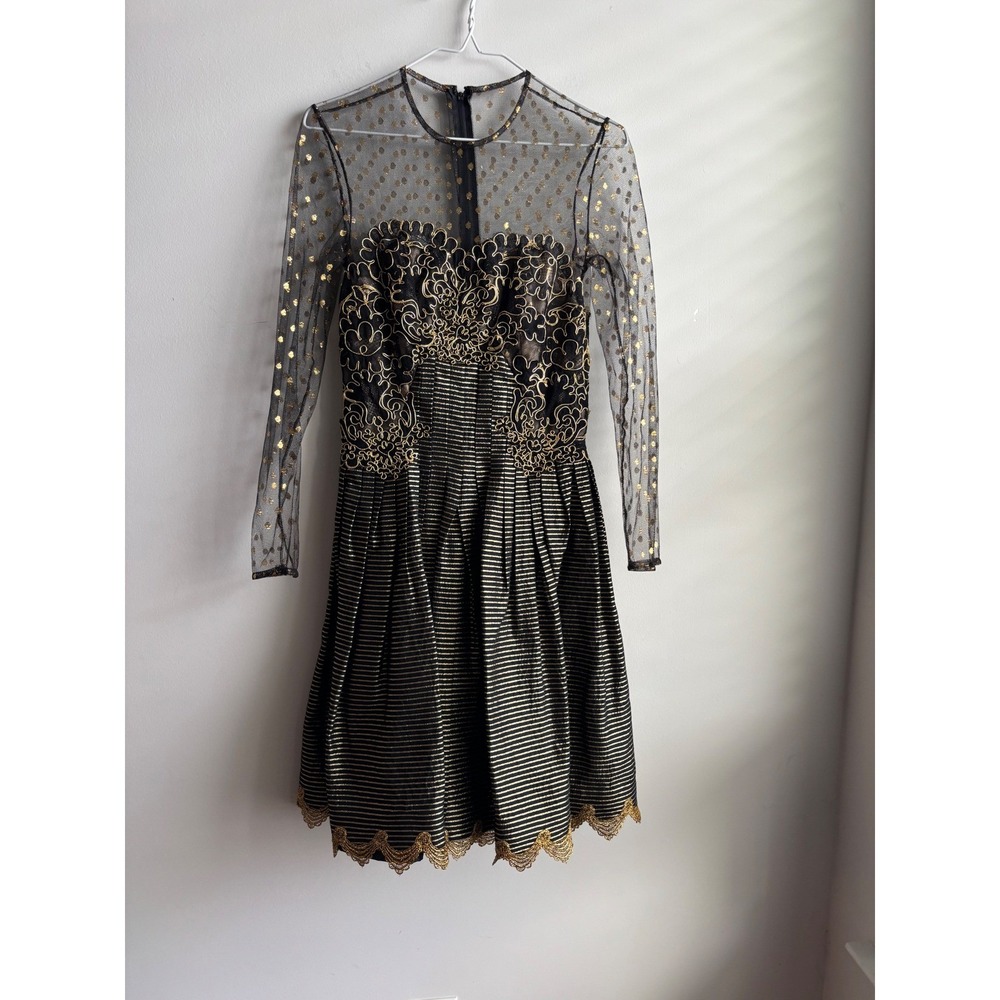 Victor Costa Black Gold Embroidered Cocktail Dress Women Size XS
